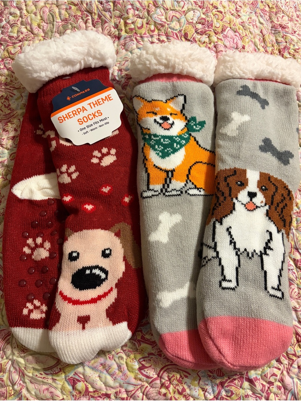Ladies Sherpa Dog Themed Cozy Socks in Red, Gray, Pink *2 Pair*